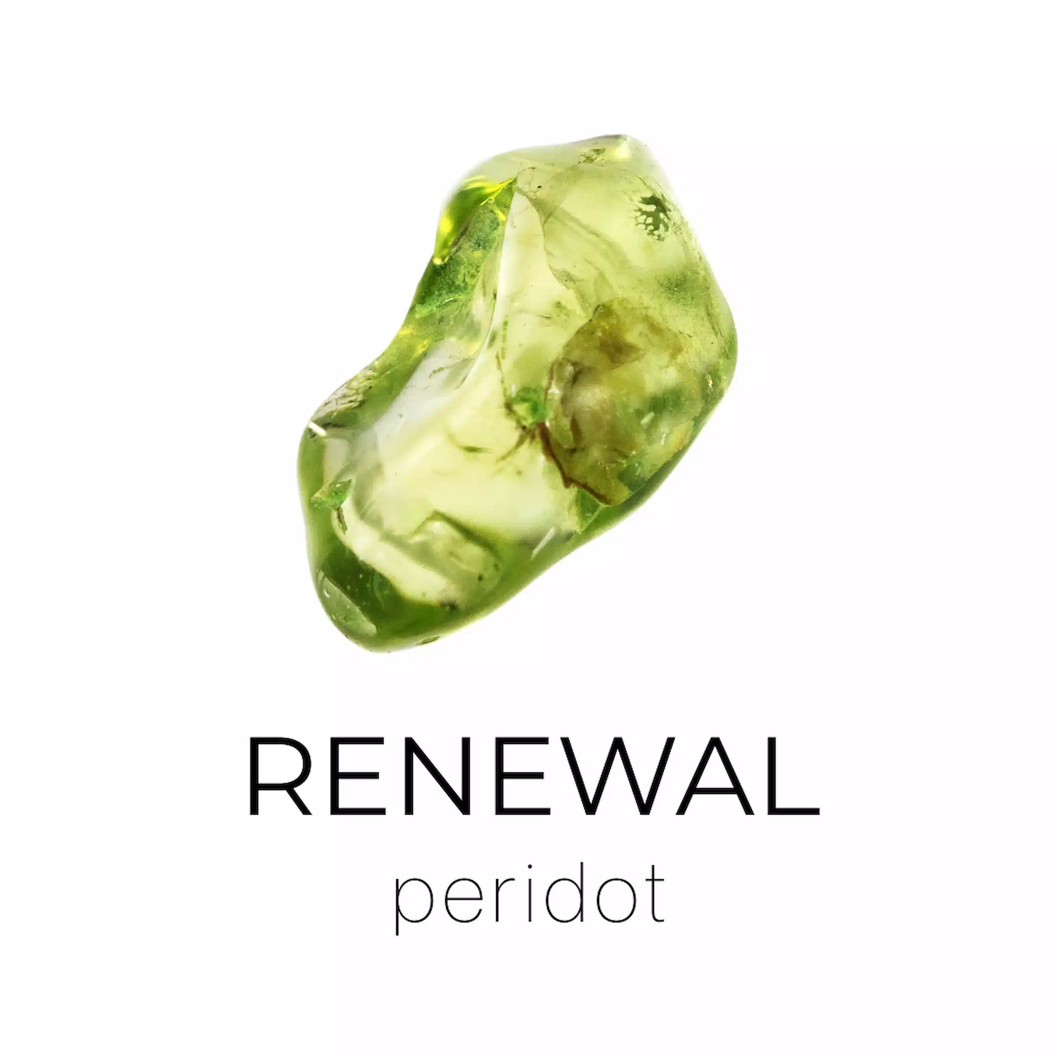 Green gemstone with 'Renewal' and 'peridot' text on a white background