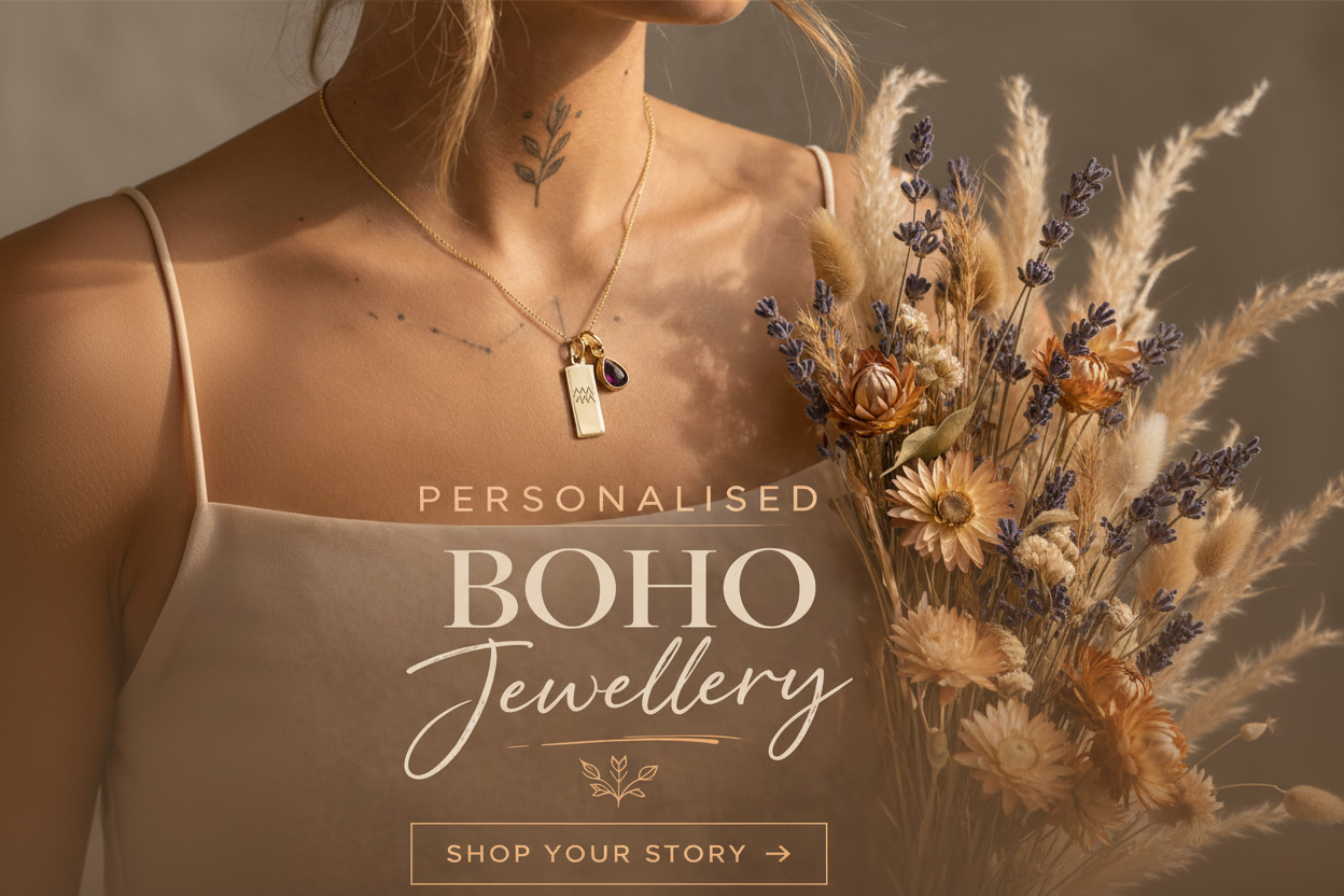 Person wearing a necklace with a personalised necklace, holding dried flowers, with 'Personalised Boho Jewellery' text overlay.