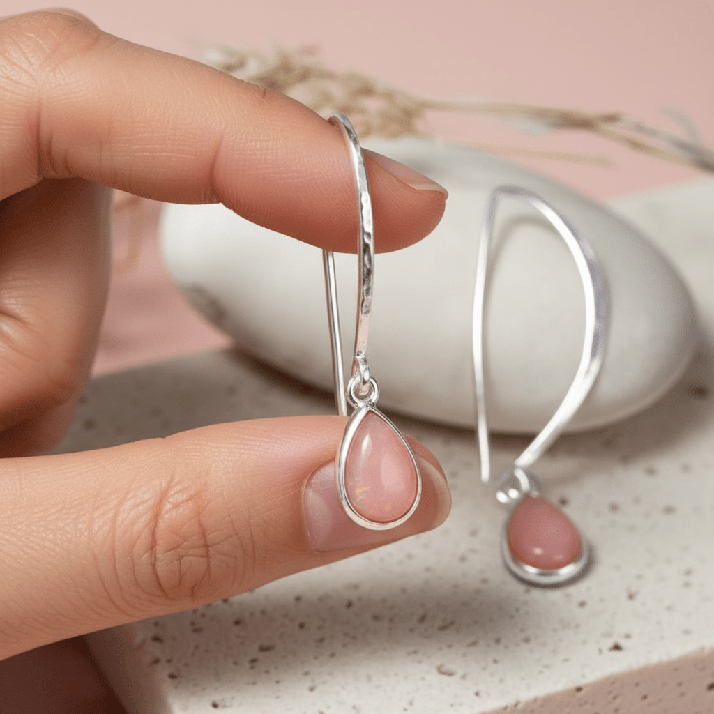 Silver earrings with pink gemstones held by a hand on a soft background