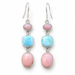 Pink opal and larimar French hook earrings in sterling silver, front pair on white