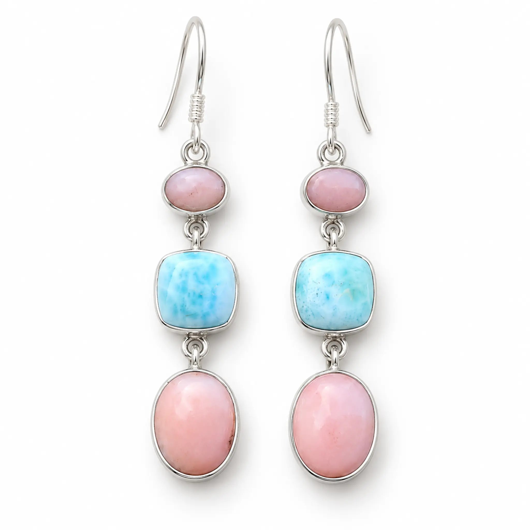 Pink opal and larimar French hook earrings in sterling silver, front pair on white