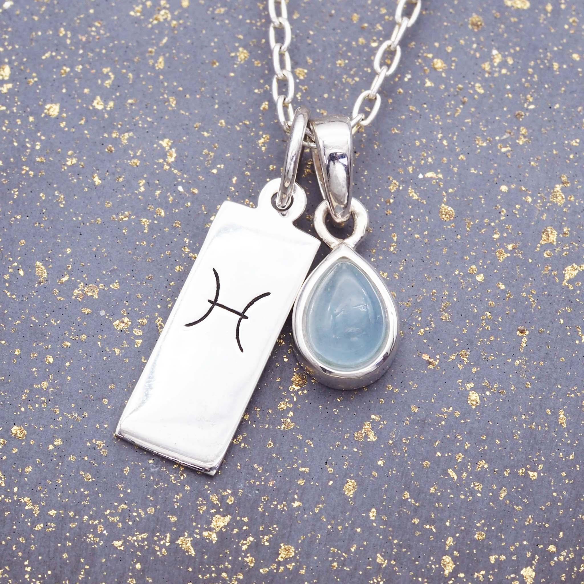 Silver Zodiac Pisces and march Birthstone aquamarine Necklace by indie and harper Australia 
