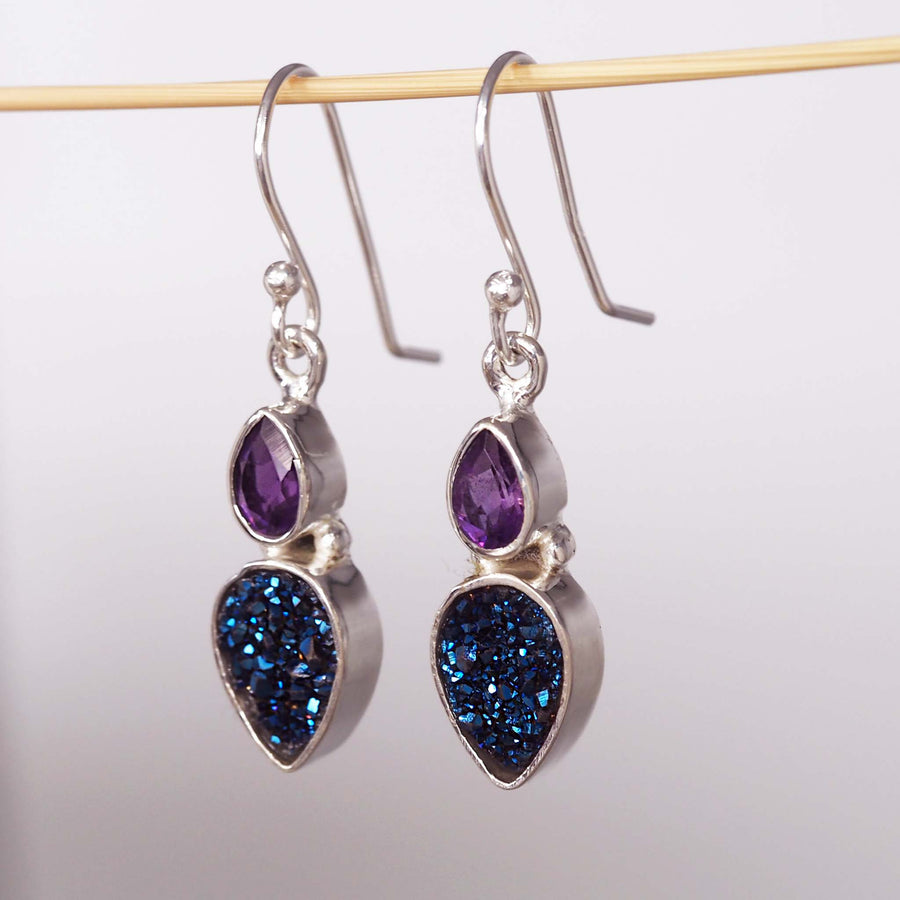 rain drop druzy and amethyst earrings - natural gemstone earrings by online jewellery brand indie and harper