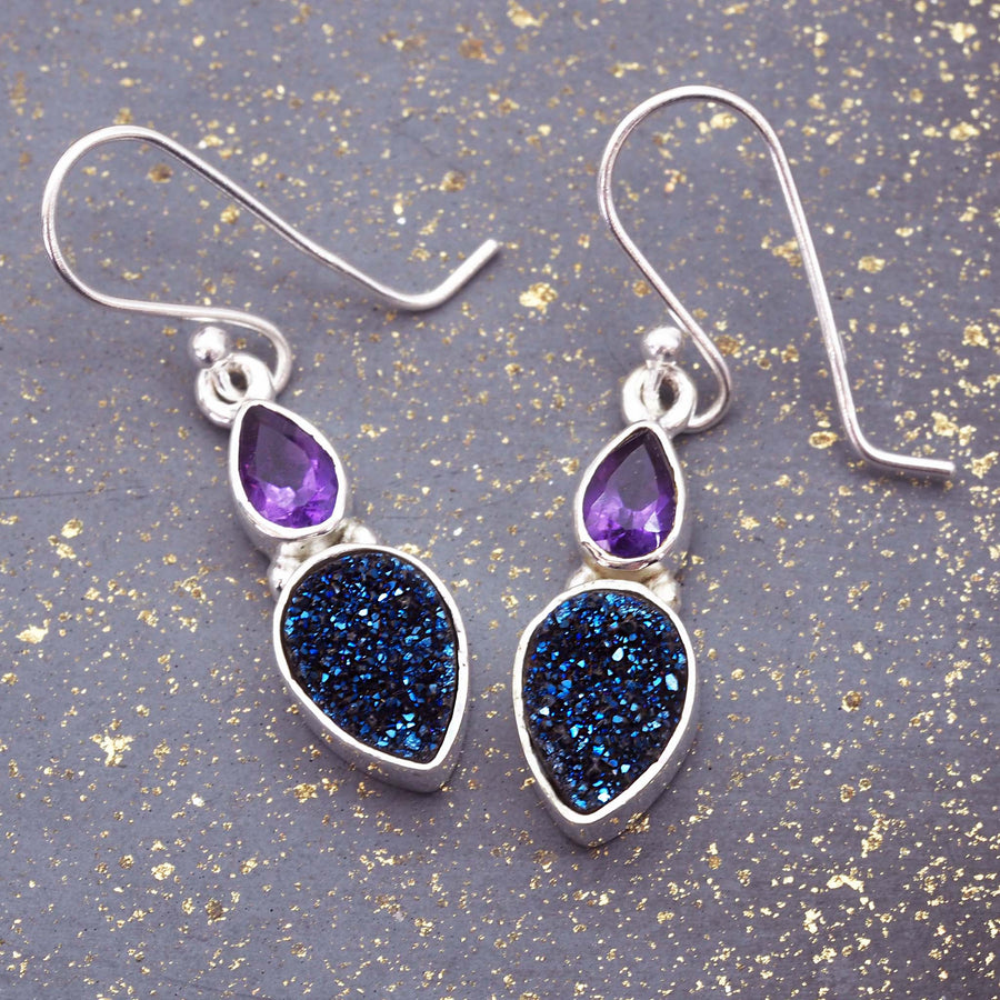 rain drop druzy and amethyst earrings - streling silver french hook earrings with natural amethyst and druzy quartz - shop women's online jewellery brand indie and harper
