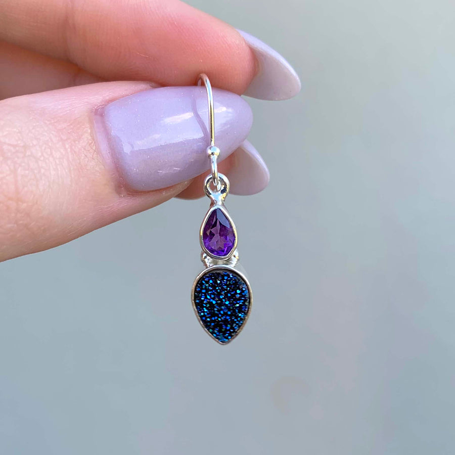 rain drop druzy and amethyst earrings - sterling silver boho jewellery made with natural amethyst and druzy gemstones - women's online jewellery brand indie and harper