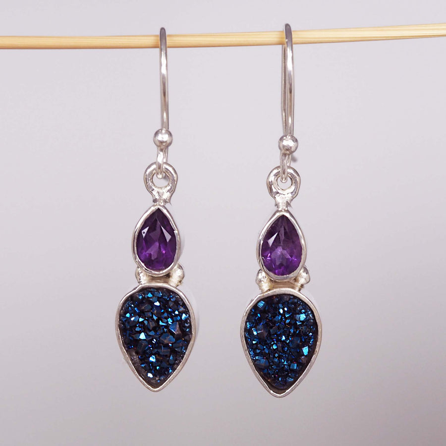 rain drop druzy and amethyst earrings - sterling silver earrings with purple amethyst and blue druzy gemstones by indie and harper