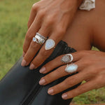 indie and harper sterling silver moonstone rings being worn 