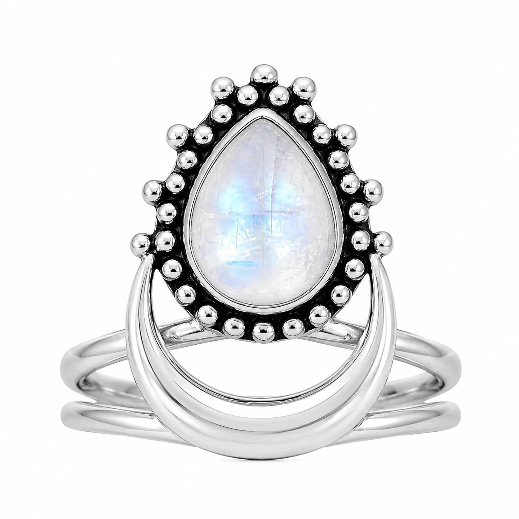 Pear-shaped rainbow moonstone crescent ring in polished sterling silver on a white background

