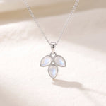 Rainbow moonstone leaf necklace hanging against a soft warm white background on a fine silver curb chain
