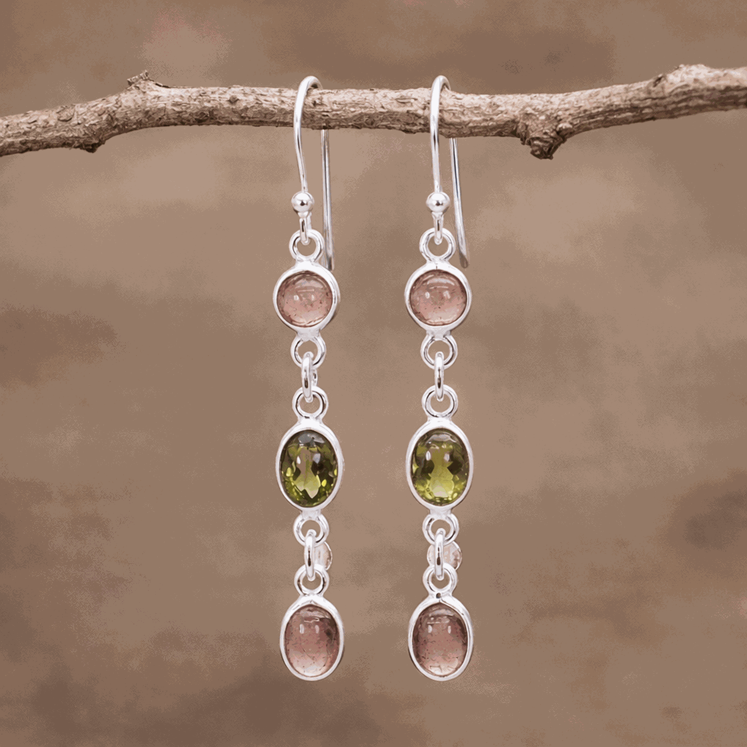 Sterling silver drop earrings with tourmaline stones 