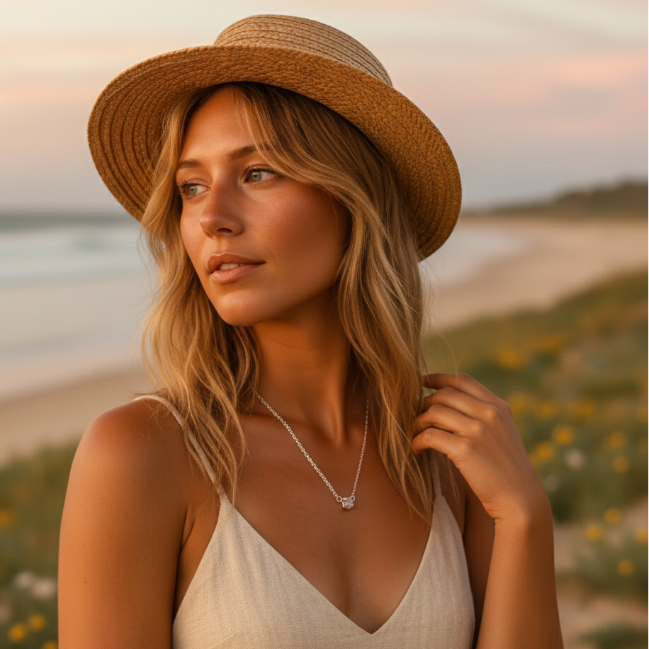 Woman wearing a sterling silver raw diamond necklace, straw hat and white top on a beach at sunset