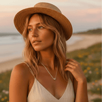 Woman wearing a sterling silver raw diamond necklace, straw hat and white top on a beach at sunset