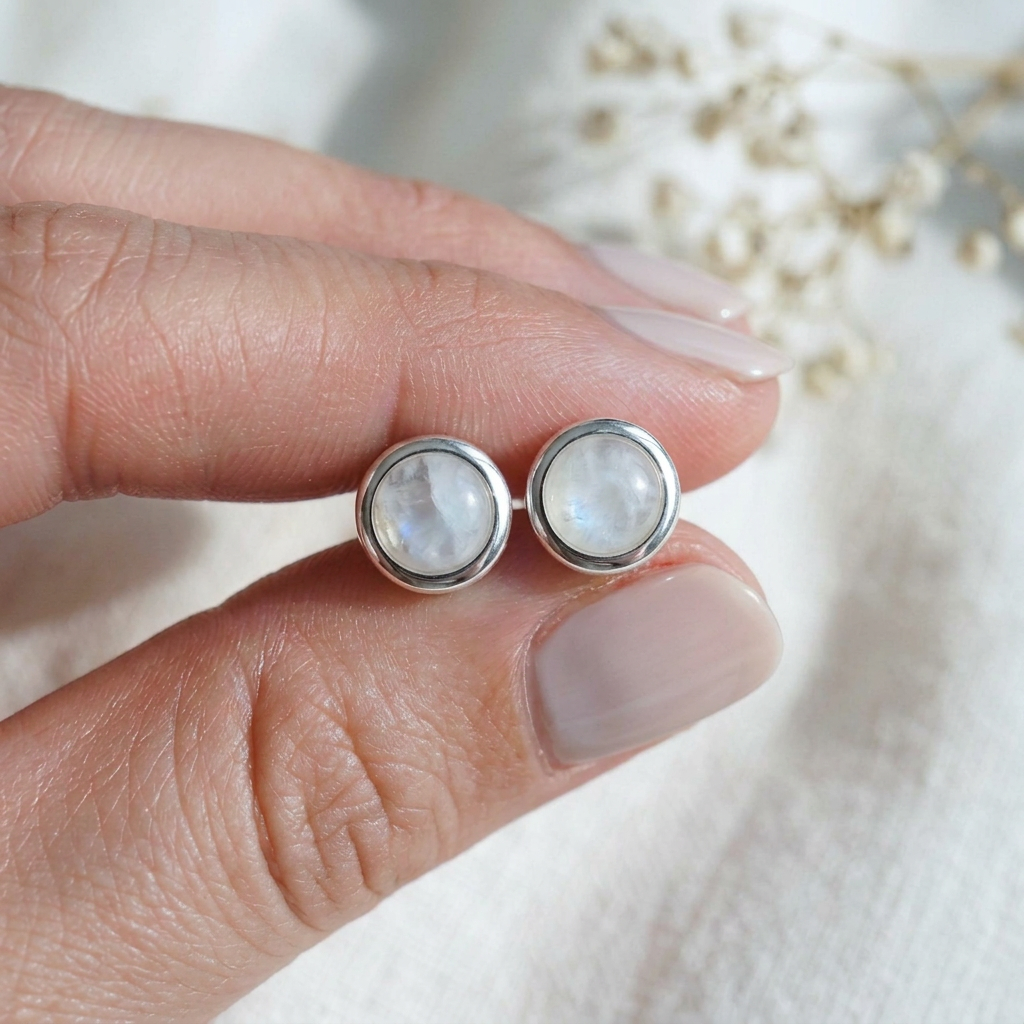 Large moonstone stud earrings with thicker sterling silver bezels, held in hand