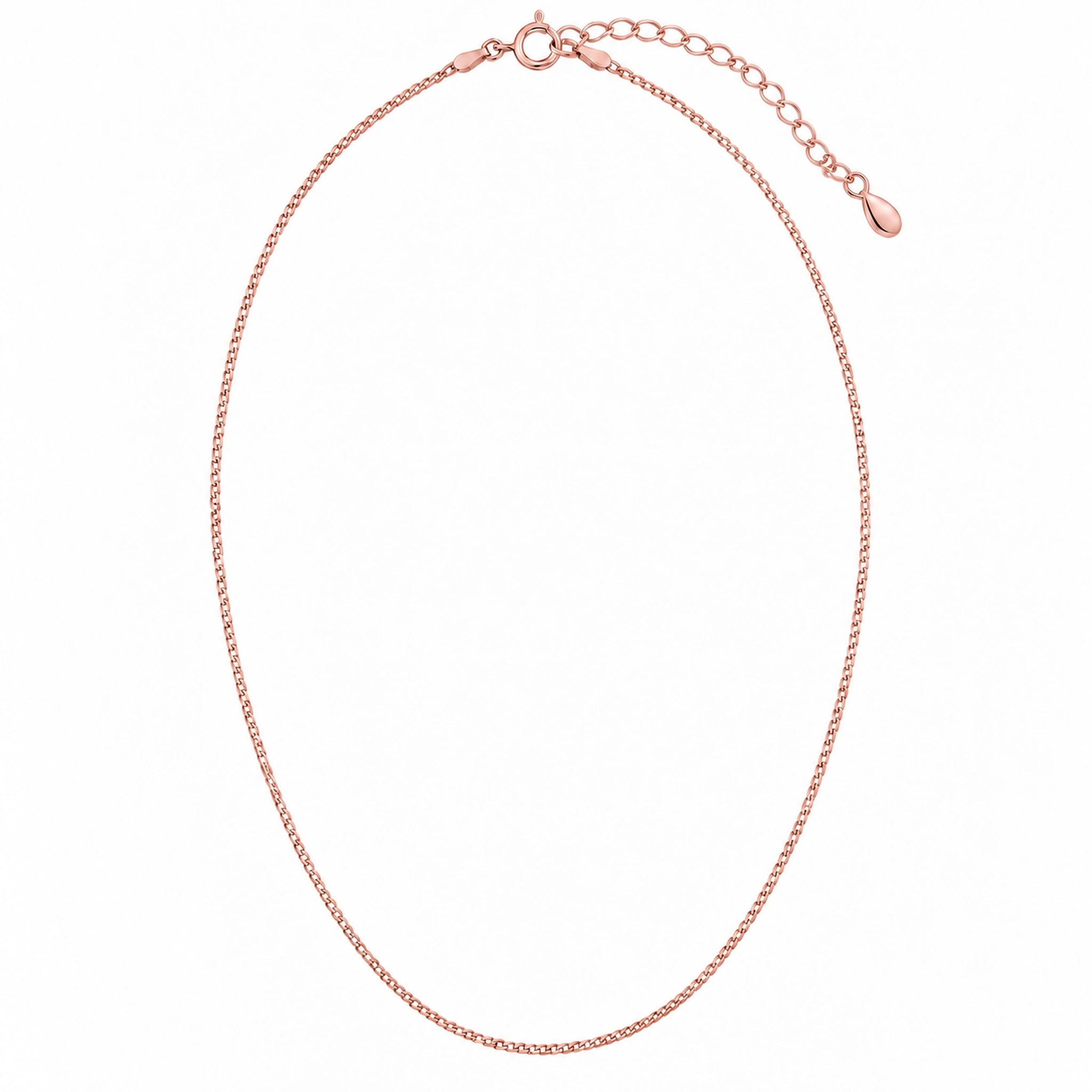 Minimalist 9k rose gold curb chain necklace with extender on white background