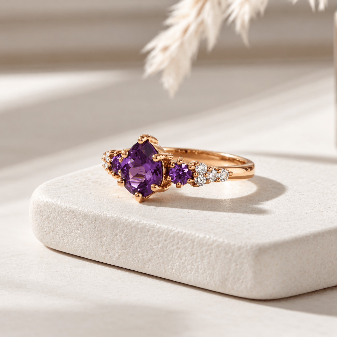 Rose gold ring with purple gemstone on a white surface with decorative elements