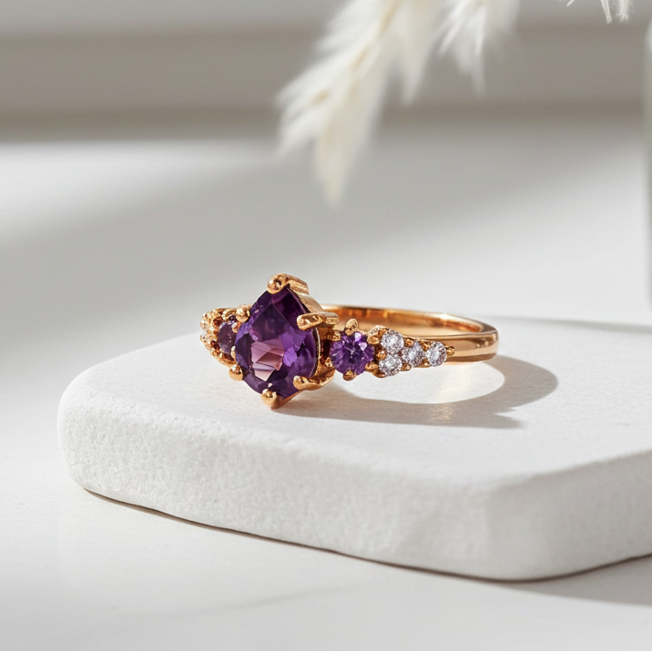 Rose gold ring with purple gemstone on a white surface with decorative elements