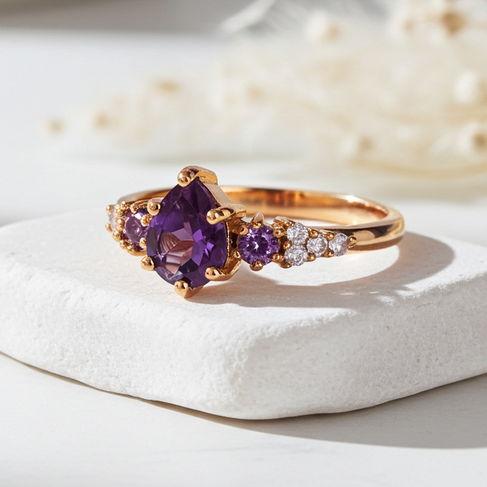 Rose gold ring with purple gemstones on a white stone surface