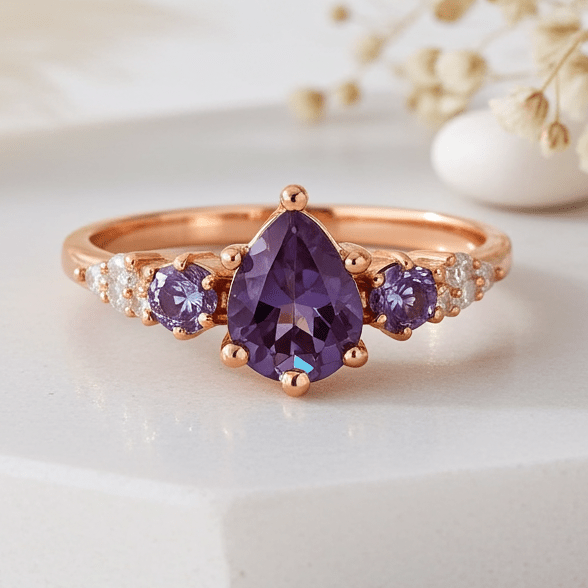 Rose gold ring with purple gemstone on a white surface with dried flowers.