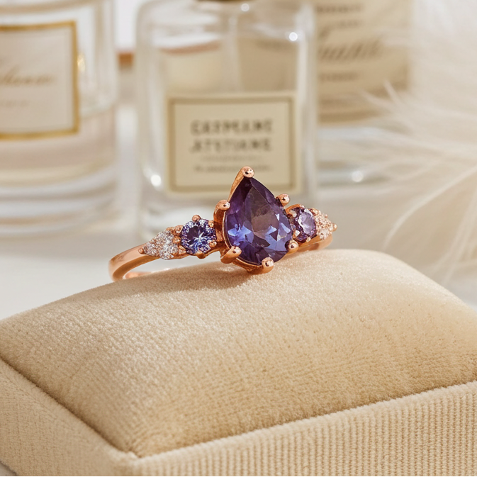 Ring with purple gemstone on a beige cushion in front of perfume bottles