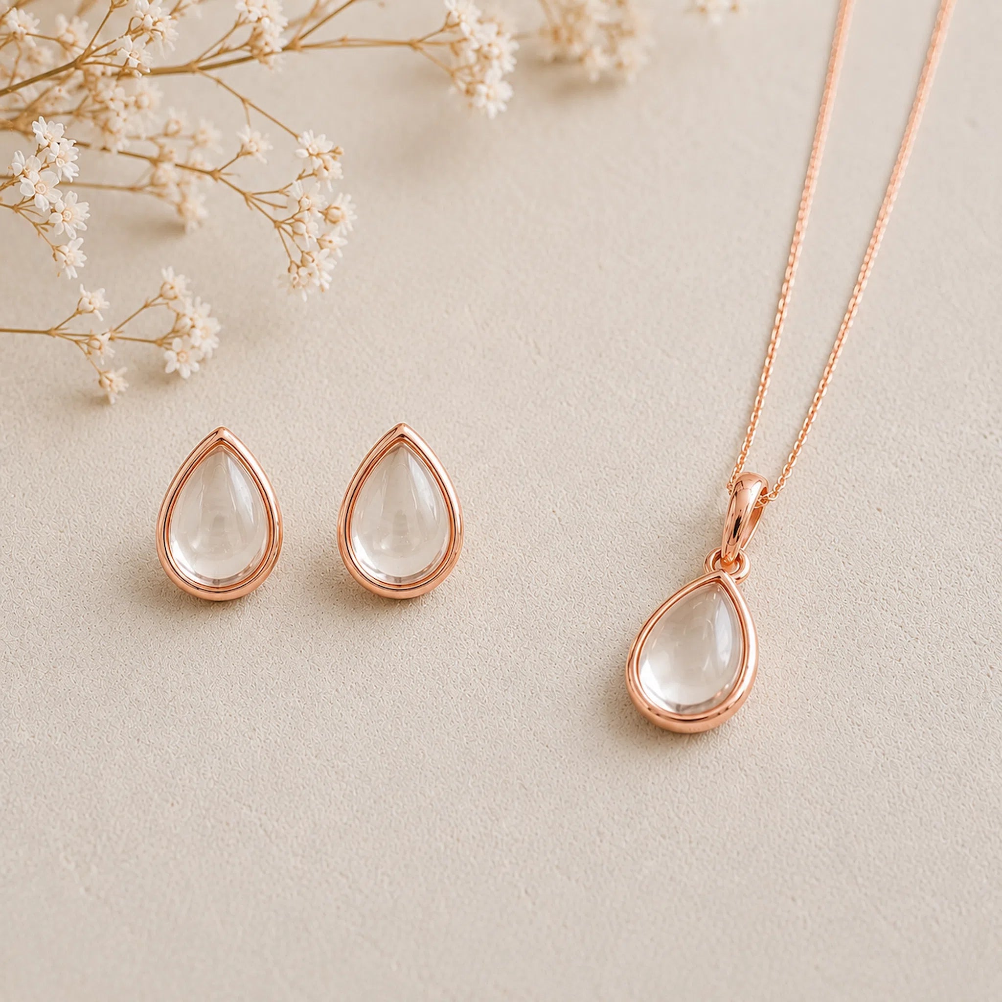 Rose Gold April Birthstone Jewellery set featuring Clear Quartz Stud Earrings and matching Clear Quartz pendant necklace