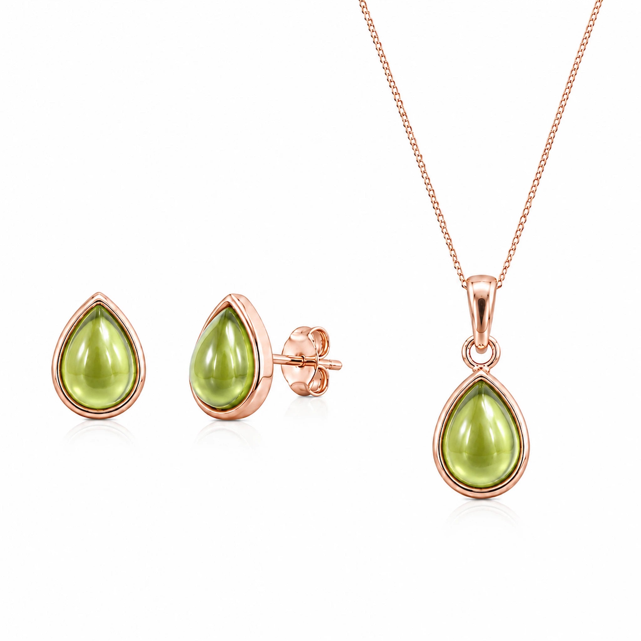 Rose Gold August Birthstone Peridot Jewellery Set featuring natural peridot earrings and matching peridot necklace on white background