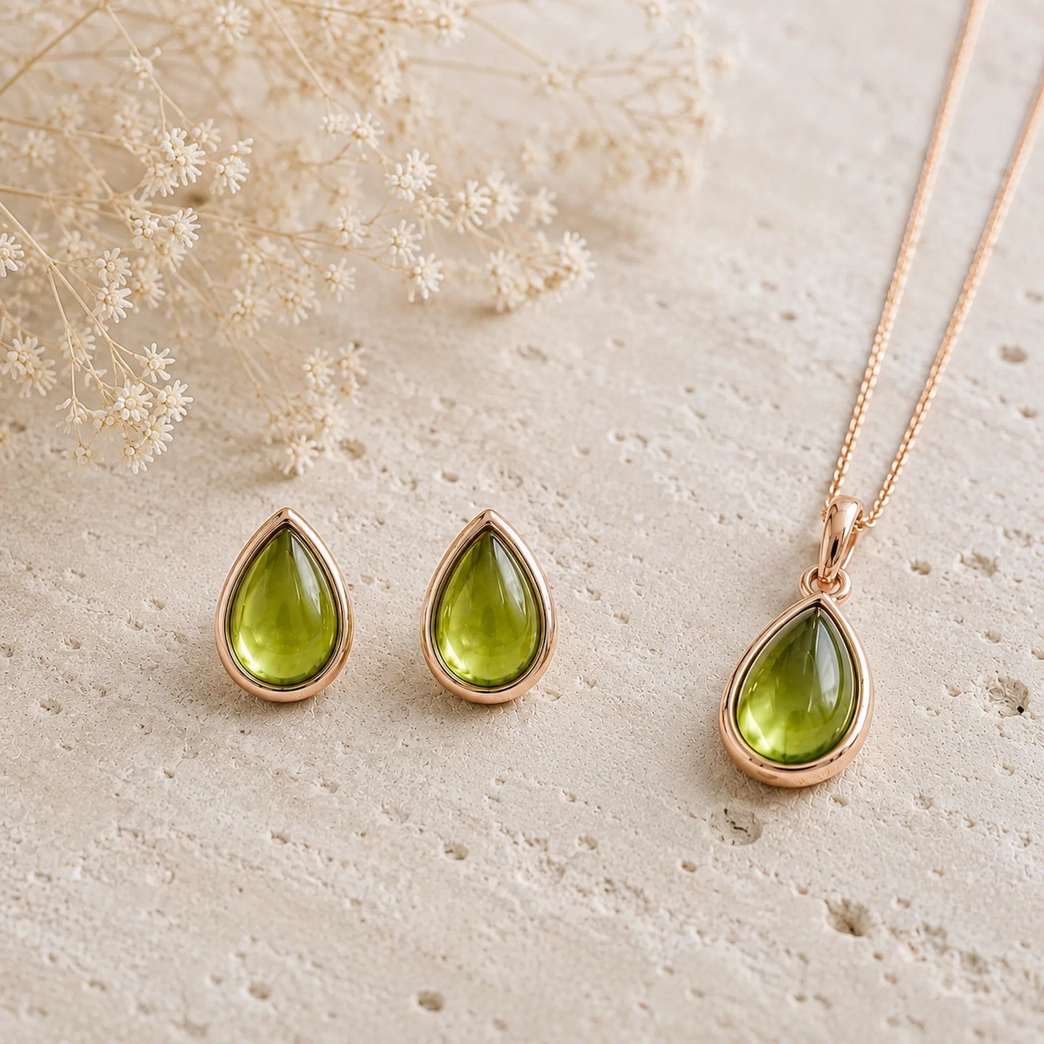 Rose Gold August Birthstone Peridot Jewellery Set featuring natural peridot earrings and matching peridot necklace.