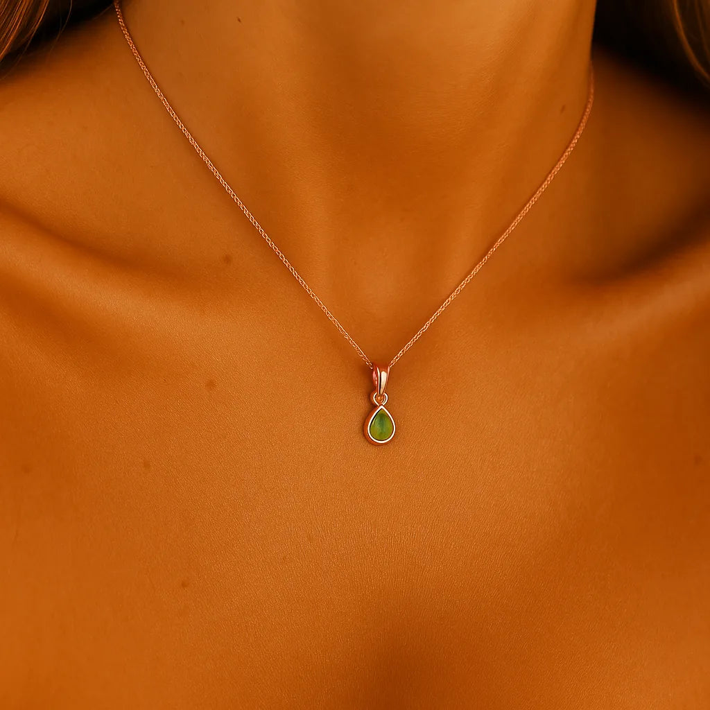 rose gold august birthstone peridot necklace being worn - indie and harper jewellery australia