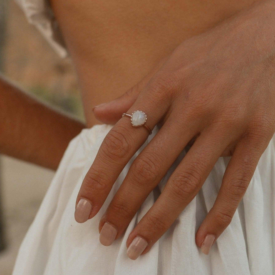 Woman wearing Rose Gold moonstone Ring - moonstone jewellery