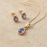 Rose Gold December Birthstone Tanzanite Jewellery set with pear-shaped stud earrings and matching  necklace