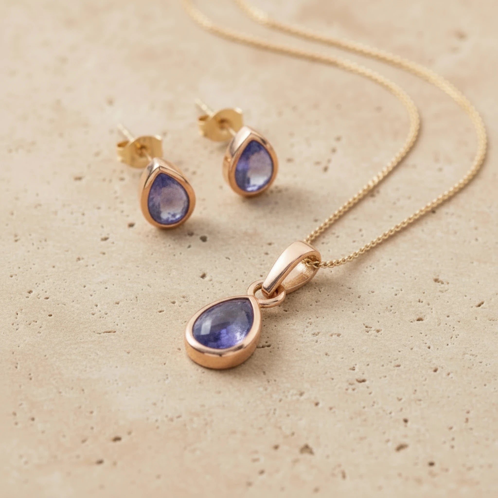 Rose Gold December Birthstone Tanzanite Jewellery set with pear-shaped stud earrings and matching  necklace