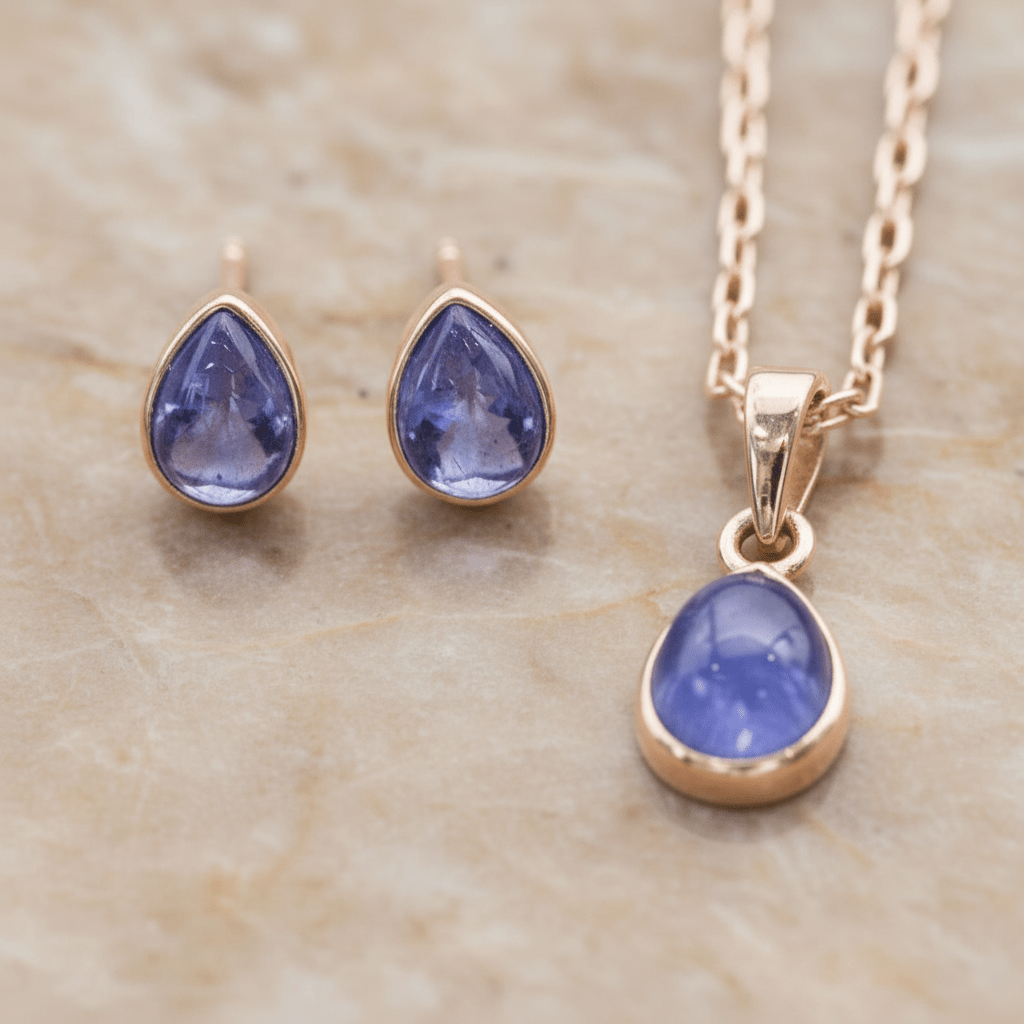 Rose gold Jewellery set with teardrop-shaped tanzanite stones on a beige background