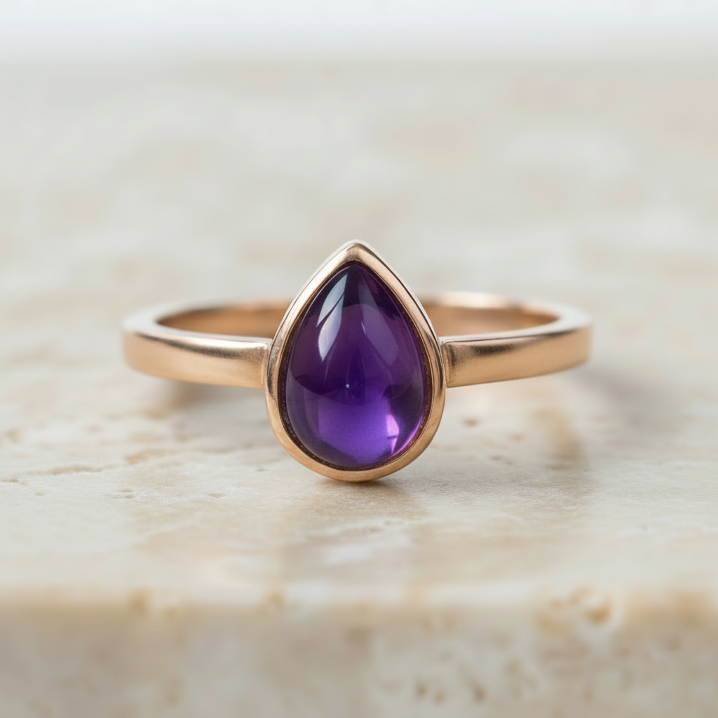 Rose gold tear drop amethyst ring 