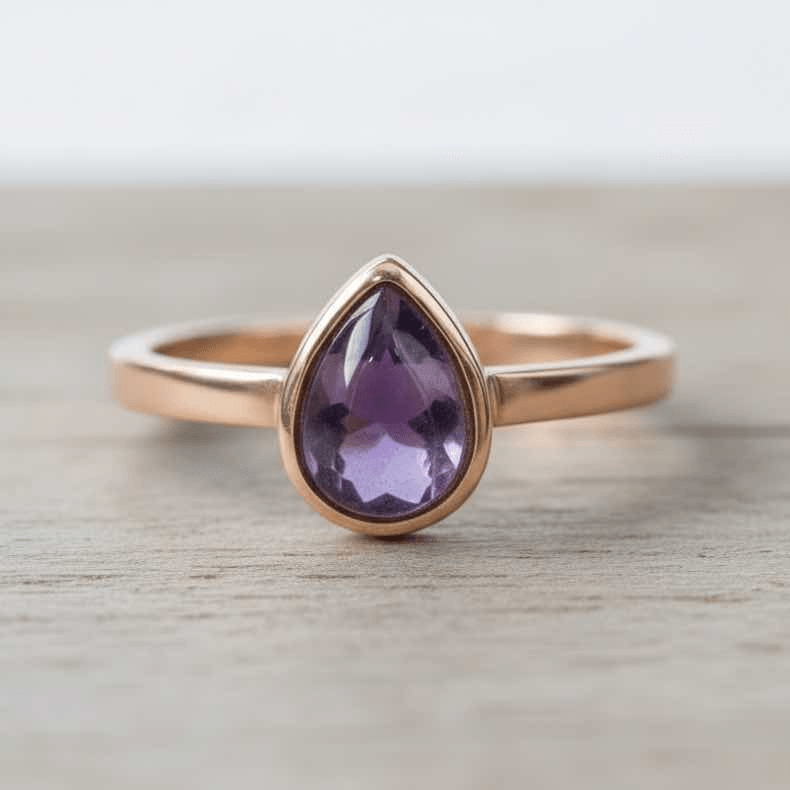 Rose gold tear drop amethyst ring 