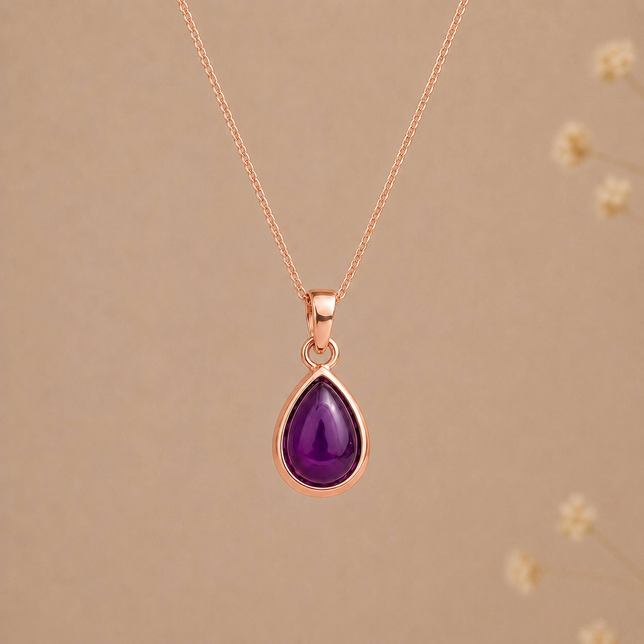 Indie and Harper February Birthstone Amethyst Necklace with rose-gold teardrop pendant