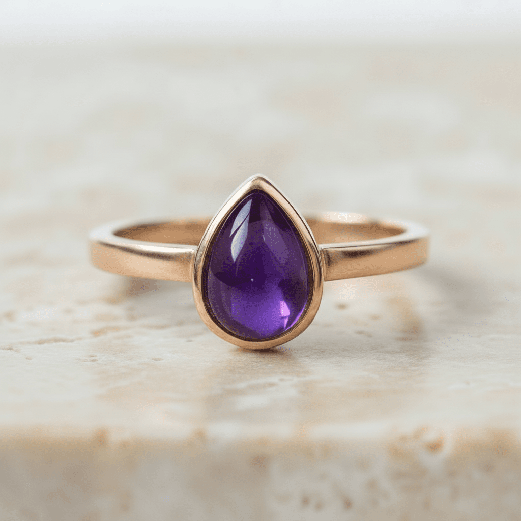 Rose gold February birthstone ring with pear-shaped natural amethyst gemstone as a meaningful birthstone jewellery gift for her