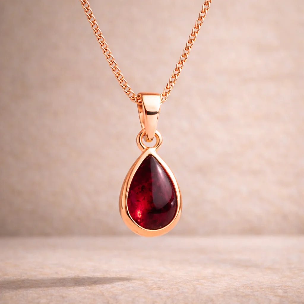 Rose gold January Birthstone Necklace with a red teardrop natural garnet - january birthday gift for her