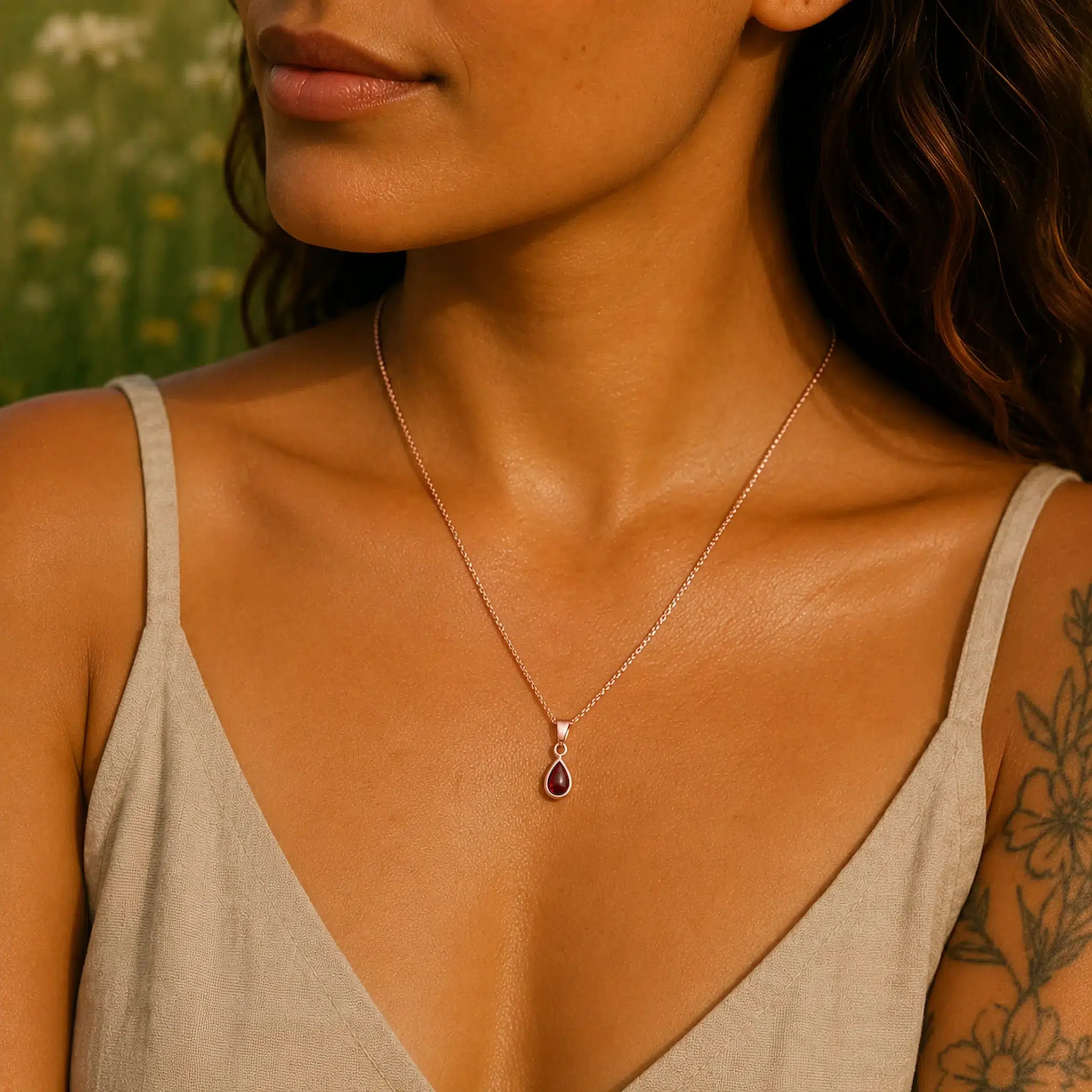 Close-up of a woman wearing a delicate rose gold january birthstone necklace with a natural garnet gemstone pendant against a blurred natural background