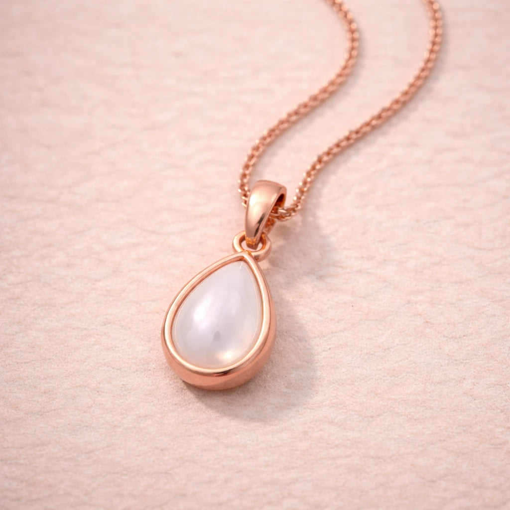 Rose Gold necklace with a teardrop-shaped natural mother of pearl pendant on a soft pink background