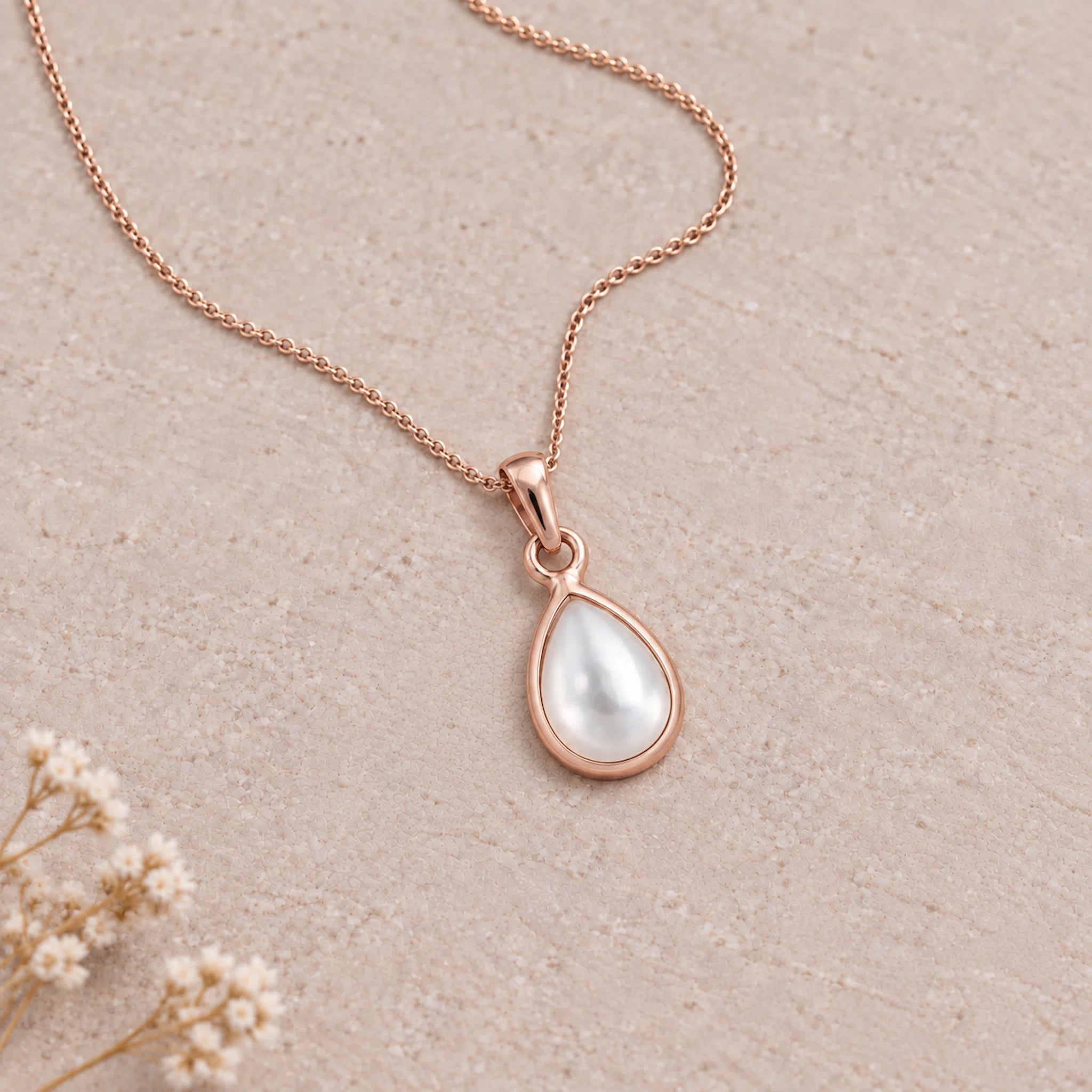 Rose Gold June birthstone necklace with pear-shaped mother of pearl pendant - june birthday jewellery gift for her