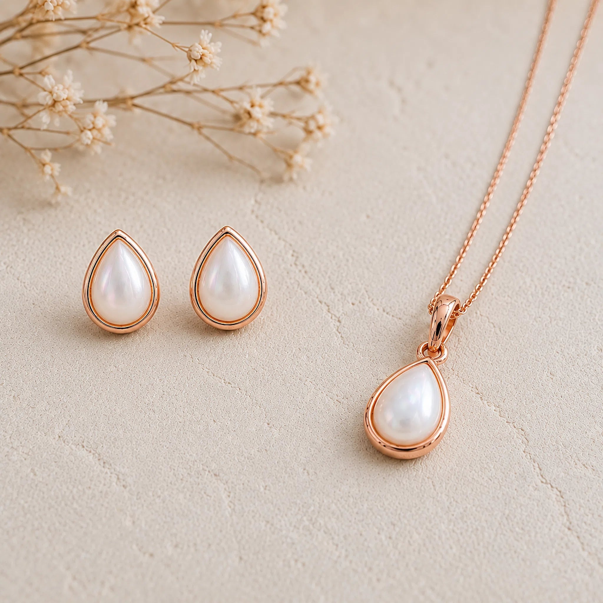 Rose Gold June Birthstone Jewellery set featuring a teardrop pendant pearl necklace and matching stud pearl earrings with natural milky white teardrop pearls, arranged on a textured beige surface with dried flowers.