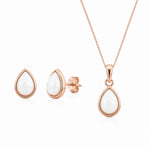 Rose Gold June Birthstone Jewellery set featuring a teardrop pendant pearl necklace and matching stud pearl earrings with natural milky white teardrop pearls, on a white background