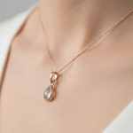 Rose gold necklace with tear drop aquamarine pendant being worn