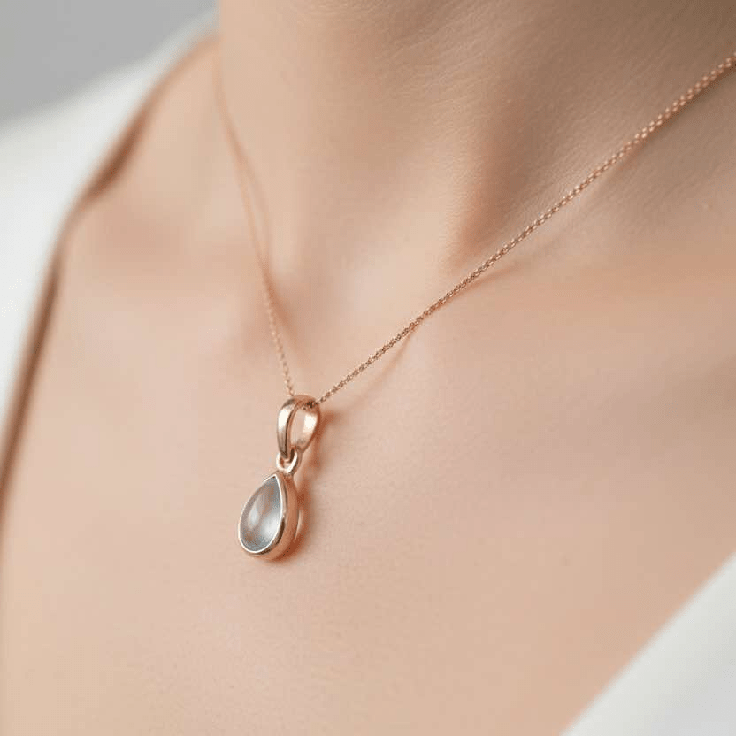 Rose gold necklace with tear drop aquamarine pendant being worn