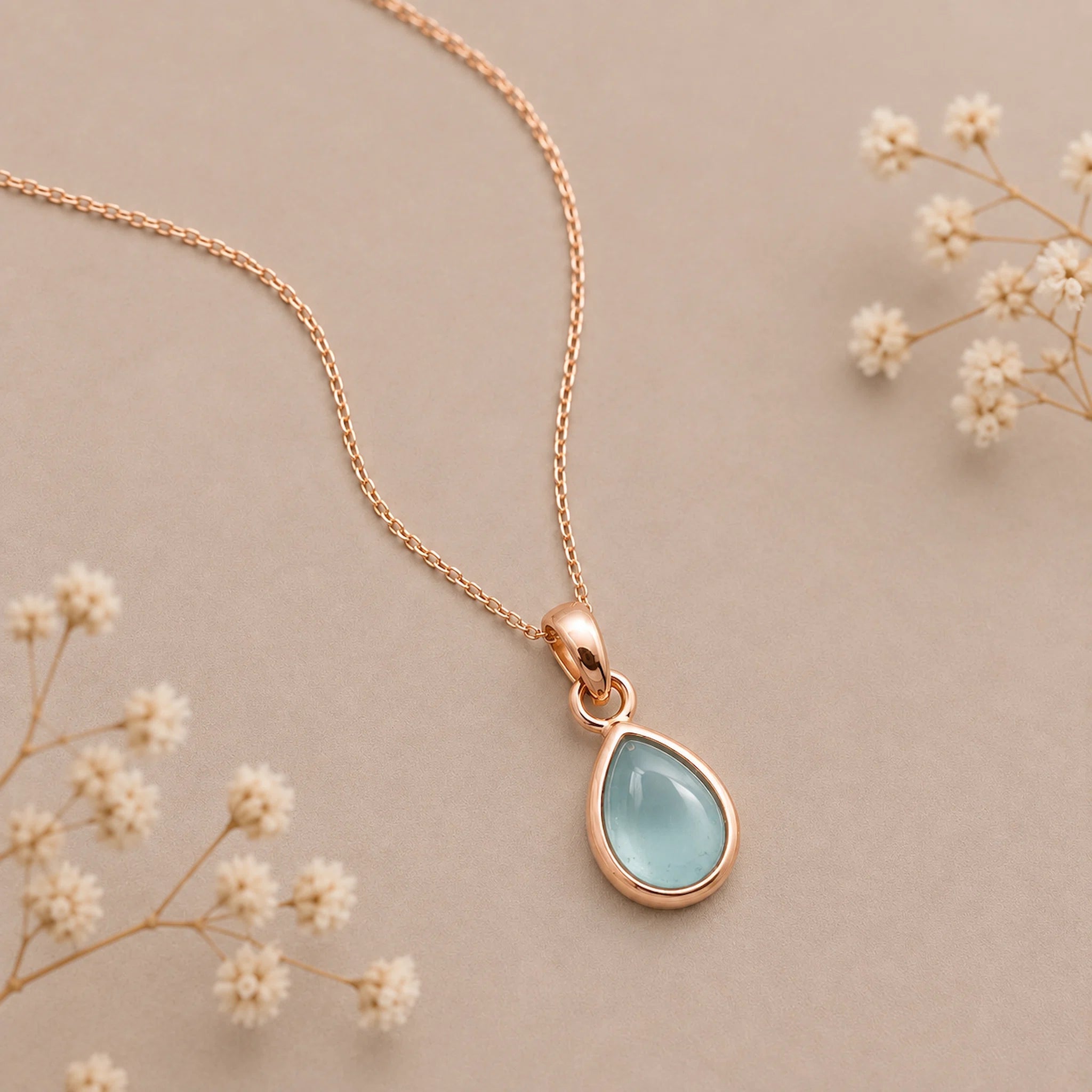 rose gold march birthstone necklace with pear-shaped bezel set cabochon natural aquamarine pendant flatlay