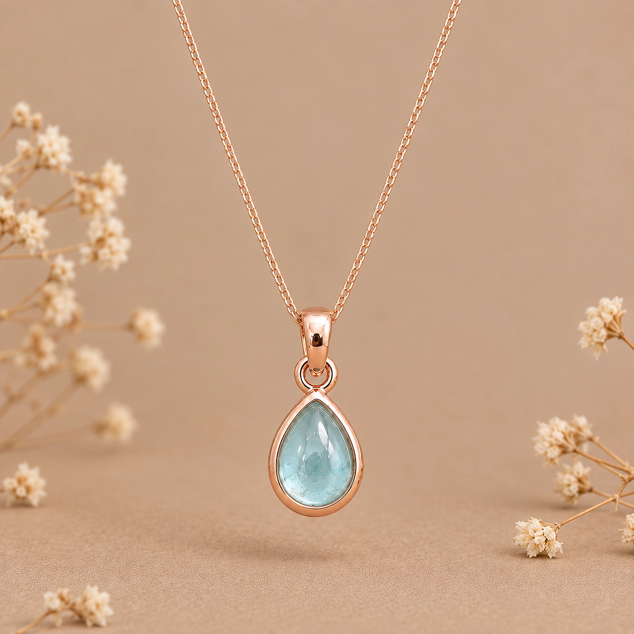 rose gold march birthstone necklace featuring a fine curb chain and a pear-shaped cabochon natural aquamarine pendant