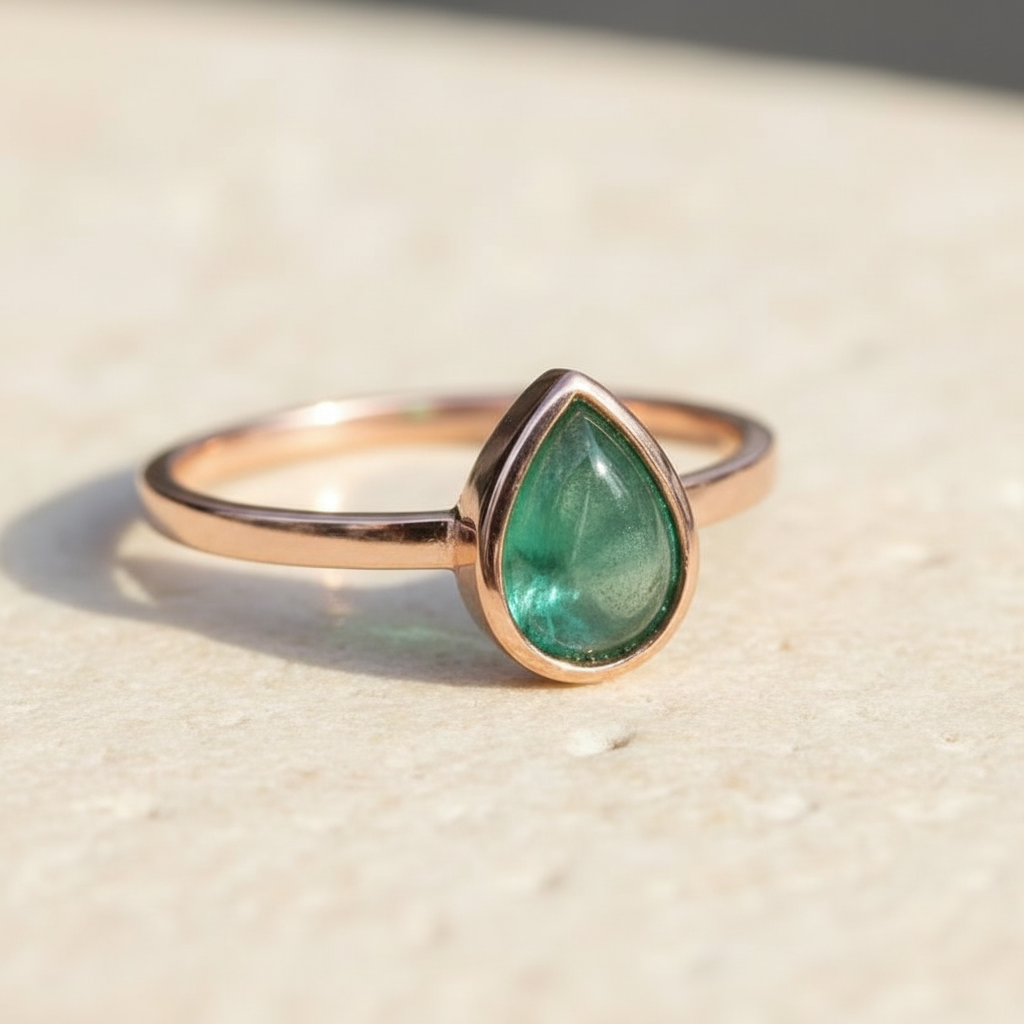 Rose gold ring with a green natural emerald teardrop gemstone on a beige background