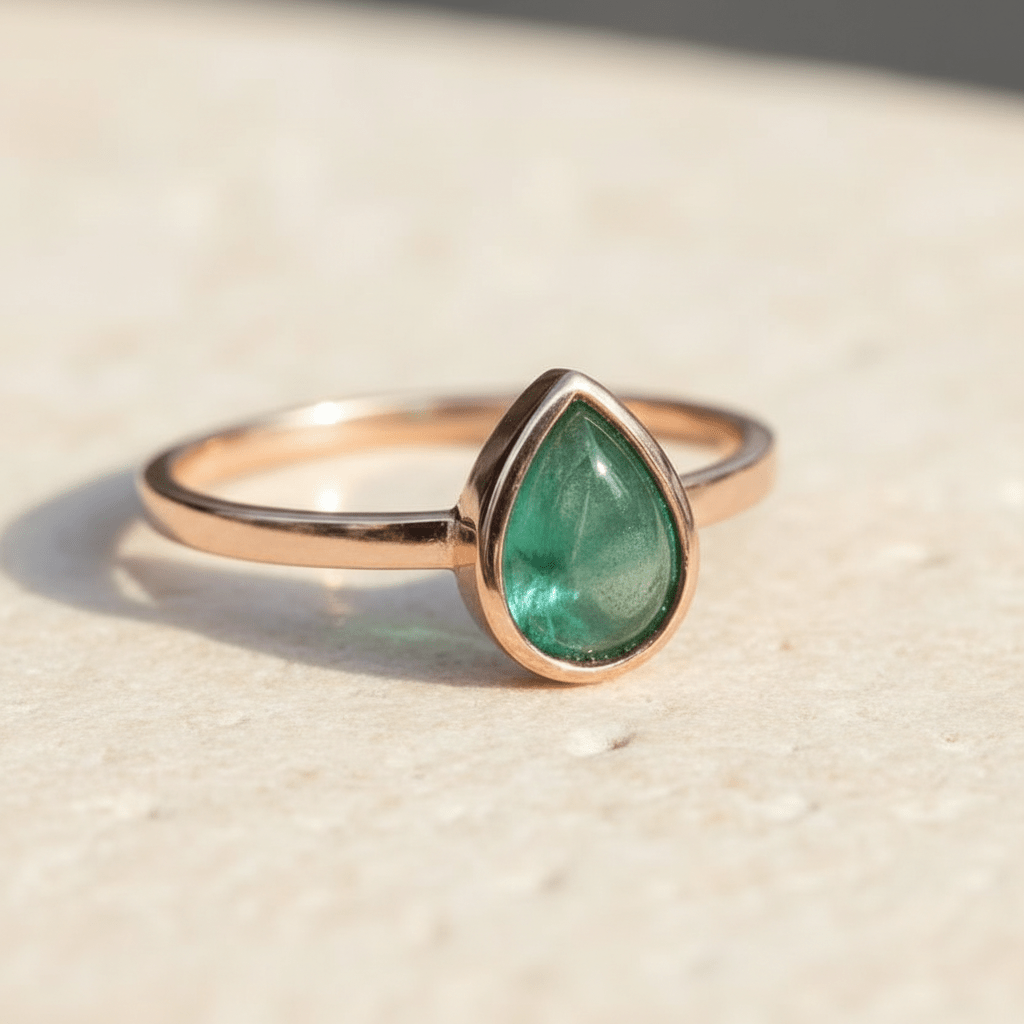 Rose gold ring with a green natural emerald teardrop gemstone on a beige background