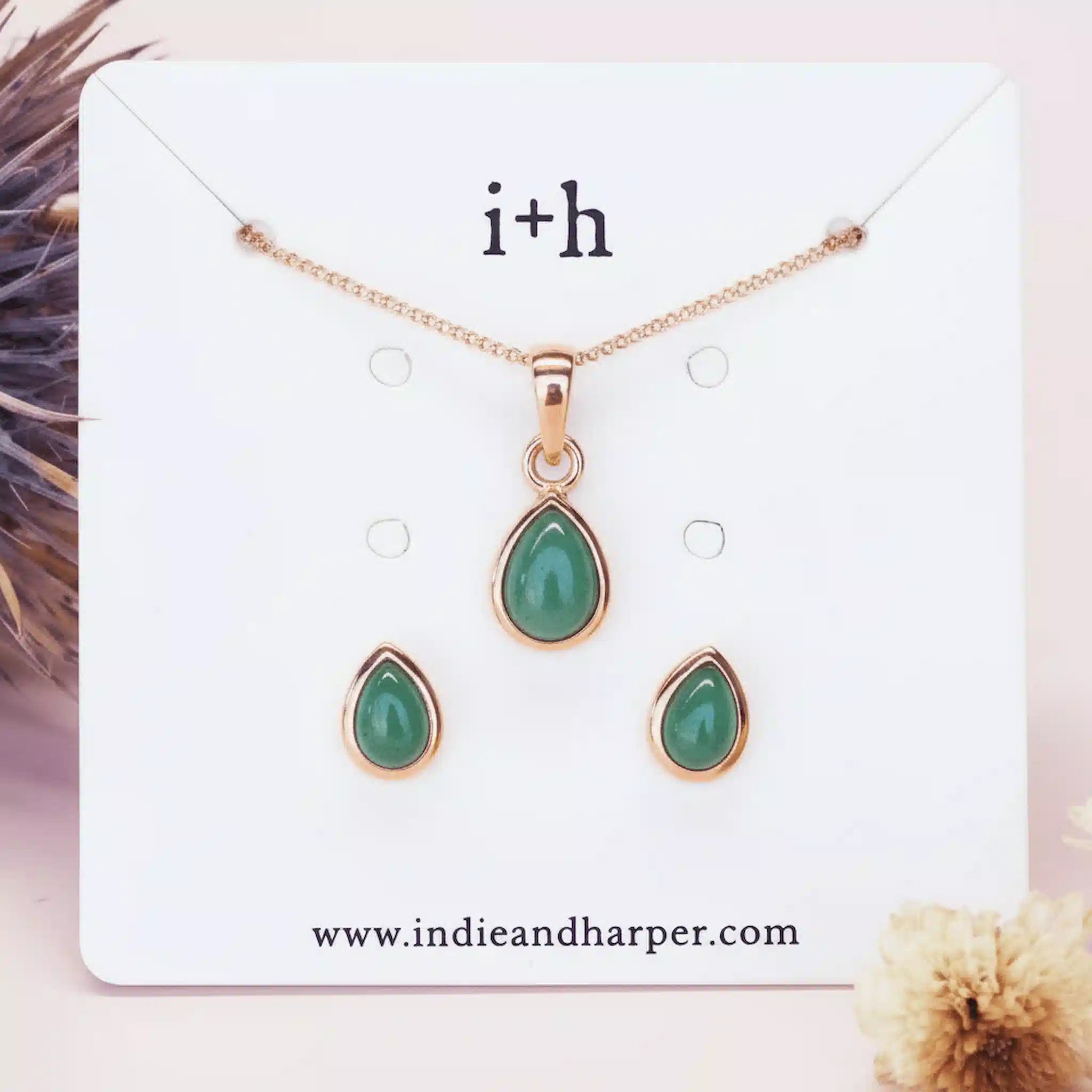 rose gold may birthstone jewellery gift set with natural emerald gemstone stud earrings and necklace 