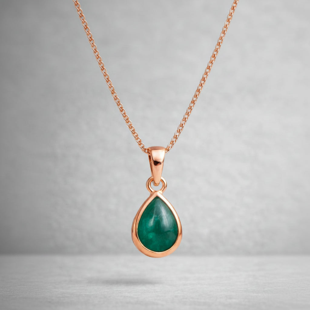 Rose Gold may birthstone necklace with a pear-shaped natural emerald gemstone pendant - may birthday jewellery gift