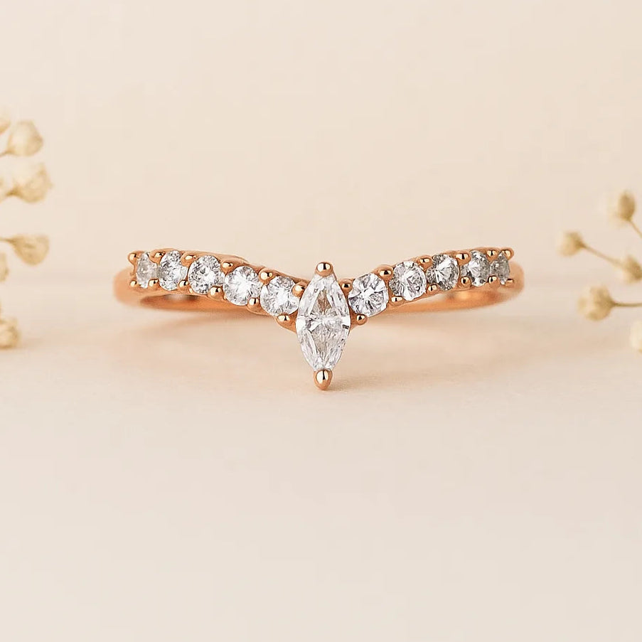dainty rose gold ring with CZ. chevron style. indie and harper australia